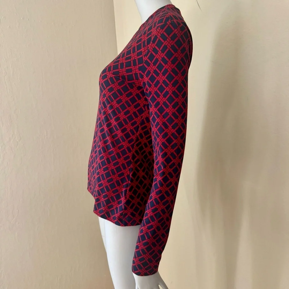 BROOKS BROTHERS Knit Top Long Sleeve Trellis Print Round Neck Red Navy Blue - Picture 10 of 12